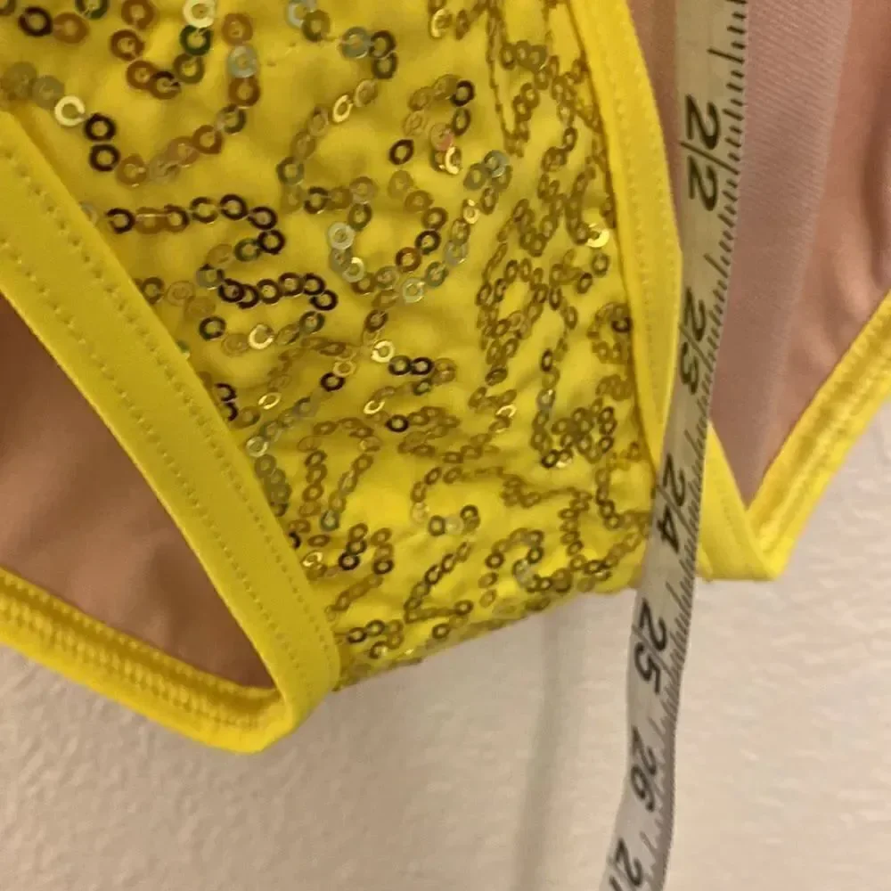 Weissman Elite Dance costume yellow sequin Feather Bustle Leotard SQ11458 XSA